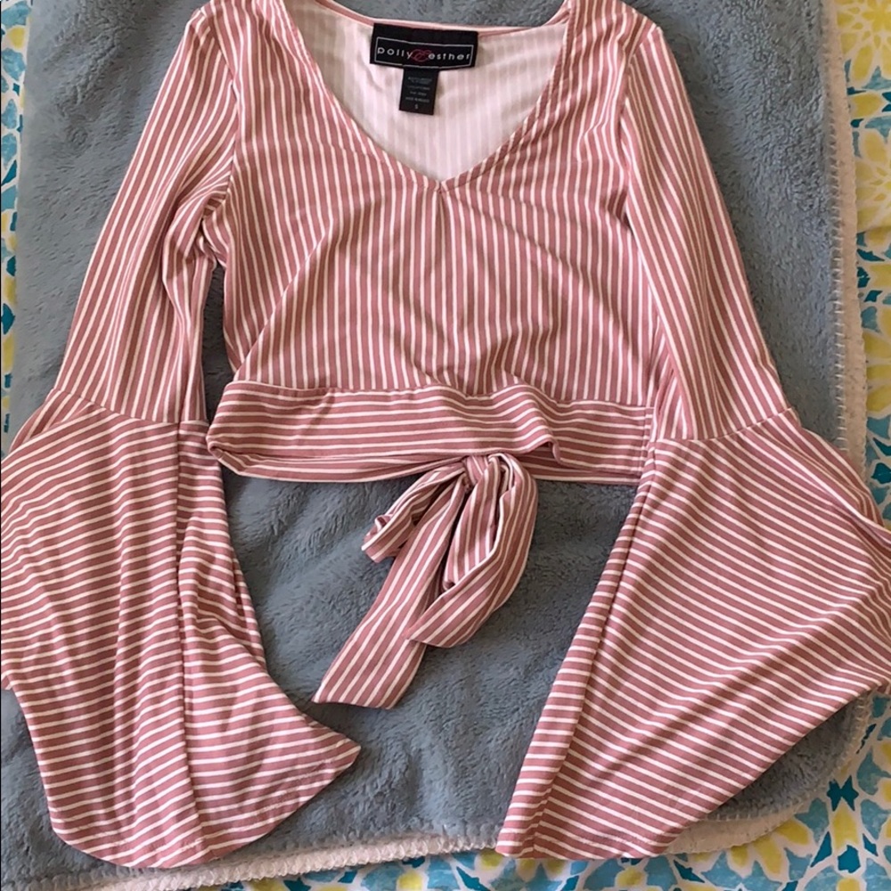 Pink and white stripe long sleeve crop top